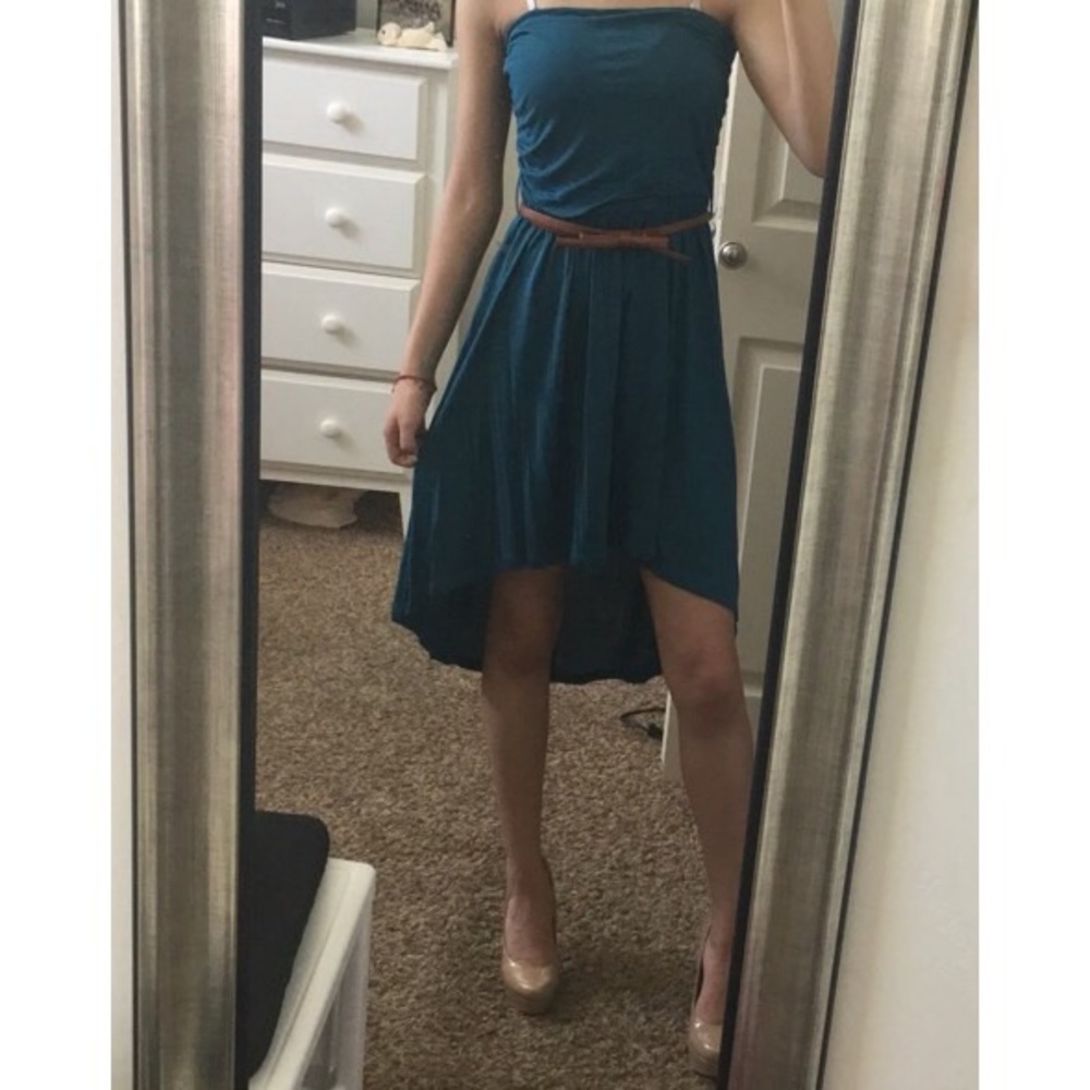 Green Blue Strapless High Low Dress W/ Belt